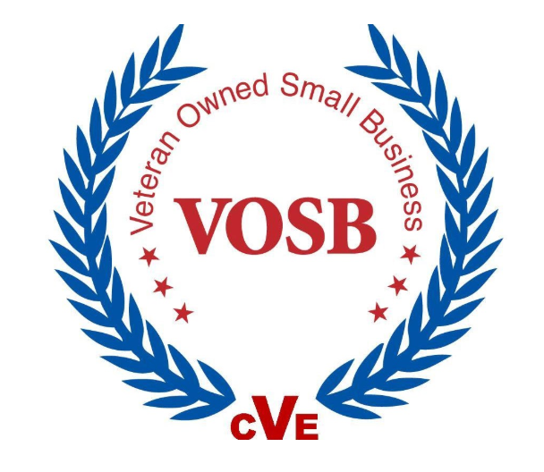 Blue laurel wreath logo with red text “Veteran Owned Small Business” and “VOSB cVe”