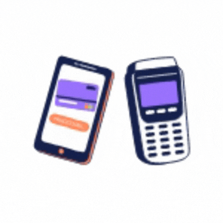 Tablette et lecteur de carte, tous deux avec écrans violets, pour le traitement des paiements.