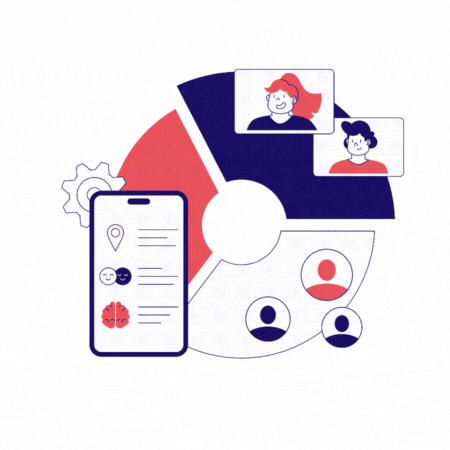 Smartphone avec icône de cerveau, graphique à secteurs, portraits de personnes lors d'une réunion d'équipe.