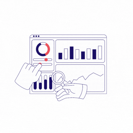 Mains interagissant avec un tableau de bord d'analyse de données, avec des graphiques et une loupe.