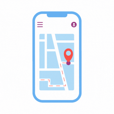 Smartphone affichant une carte avec un marqueur de localisation rouge et un itinéraire.