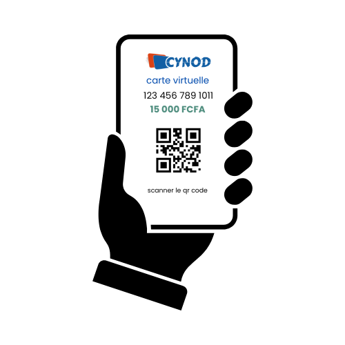 Main tenant un smartphone affichant une carte virtuelle avec un QR code ; logo CYNOD et texte « 15 000 FCFA ».
