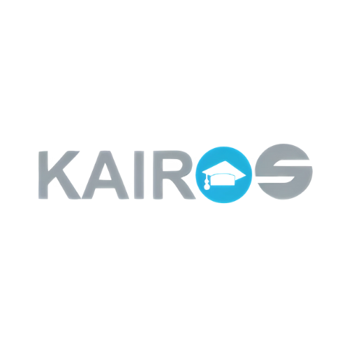 Logo de Kairos : texte gris avec un cercle bleu contenant une toque de diplômé, et un « S » gris à la fin.