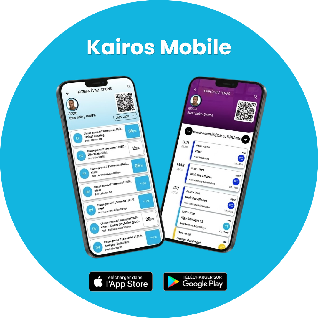 Publicité Kairos Mobile avec deux écrans de smartphones sur fond bleu et les badges App Store et Google Play.