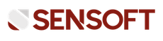 Un logo rouge et blanc pour Sensoft sur fond blanc