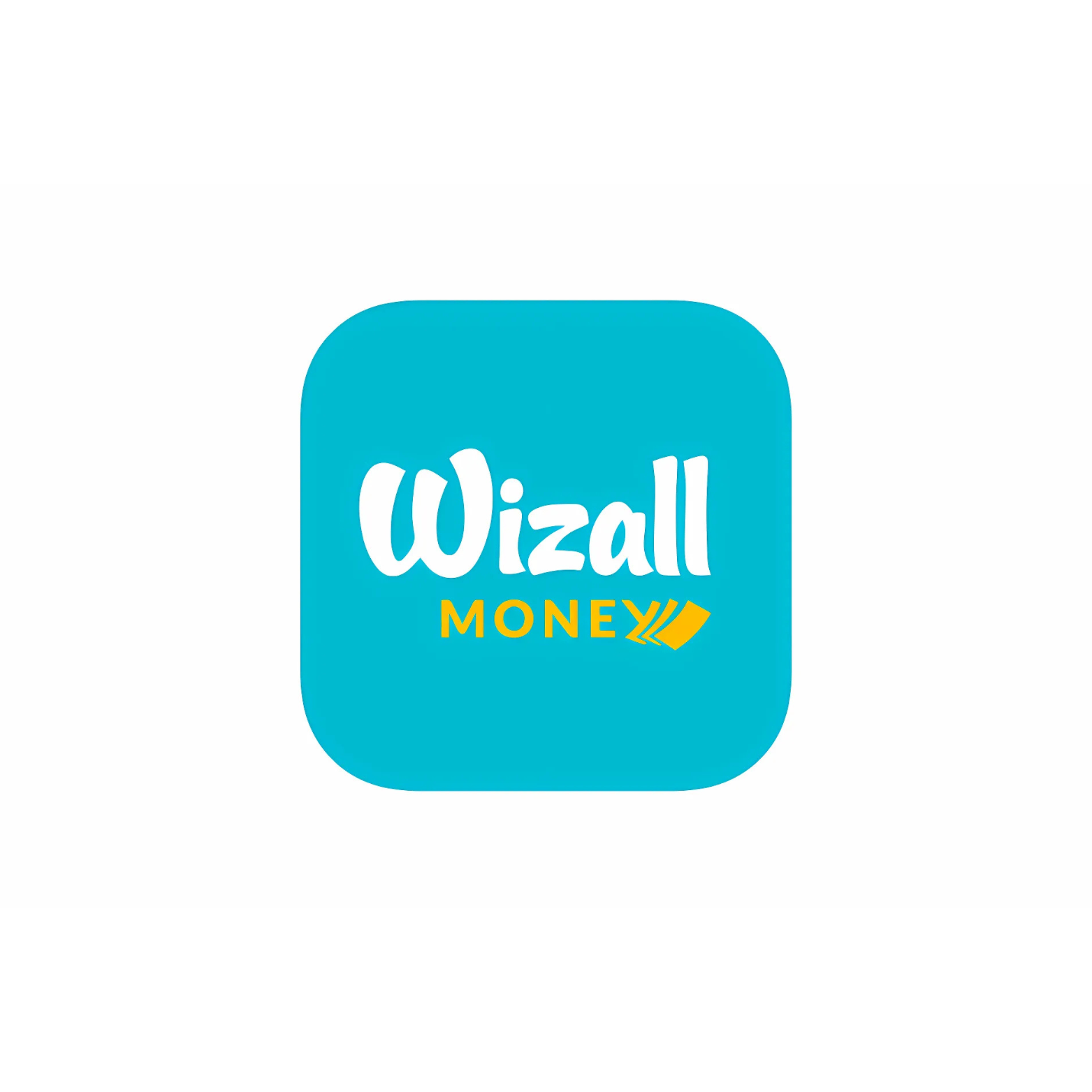 Logo Wizall Money, écriture blanche sur un carré turquoise, avec "MONEY" en jaune et une flèche jaune.