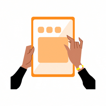 Mains tenant une tablette, une main touchant l'écran. Couleurs orange, noir, blanc et jaune.