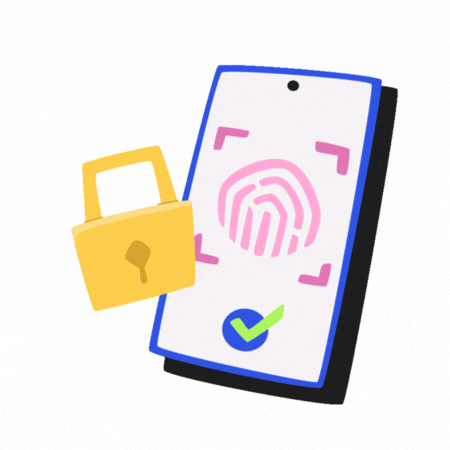 Smartphone avec lecteur d'empreintes digitales, déverrouillé avec une coche et un cadenas jaune pour la sécurité.