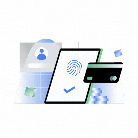 Tablette avec lecteur d'empreintes digitales, carte de crédit, pièces de monnaie et icône d'utilisateur, illustrant le paiement sécurisé.