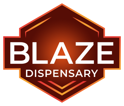 Blaze Dispensary logo in red, orange, and white, with a hexagonal badge and bold lettering