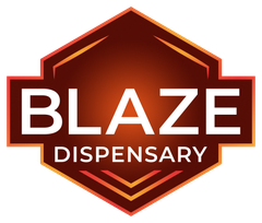 Blaze Dispensary logo in red, orange, and white, with a hexagonal badge and bold lettering