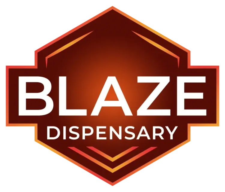 Blaze Dispensary logo in white text on a red hexagonal badge with orange accents