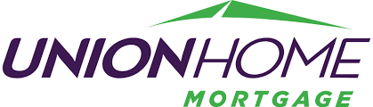 The union home mortgage logo is purple and green with a green roof.