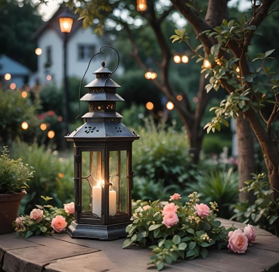 Memorial lantern with candles and roses in evening garden, cremation services Kathleen, GA