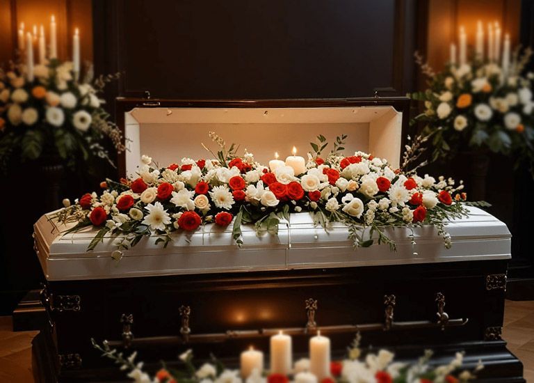 casket with flowers to honor loved ones through funeral service