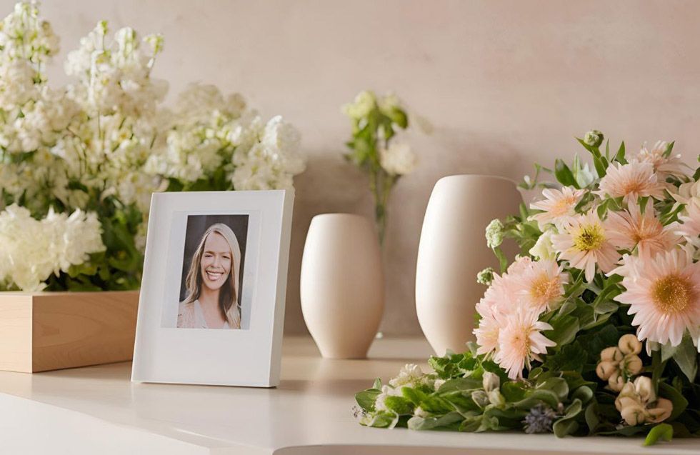 white urn beside a photo frame and flowers, cremation services Kathleen, GA
