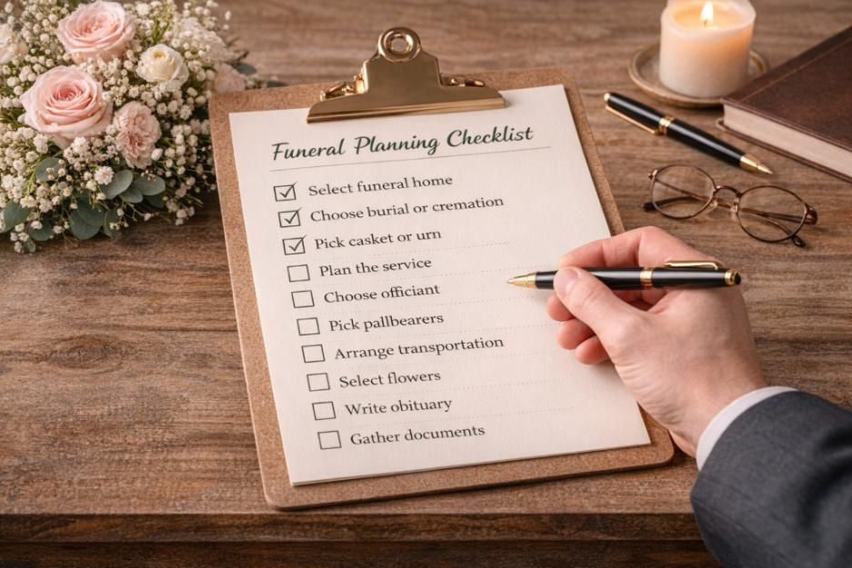 Funeral planning checklist with pen and flowers, funeral home and cremations Bonaire, GA