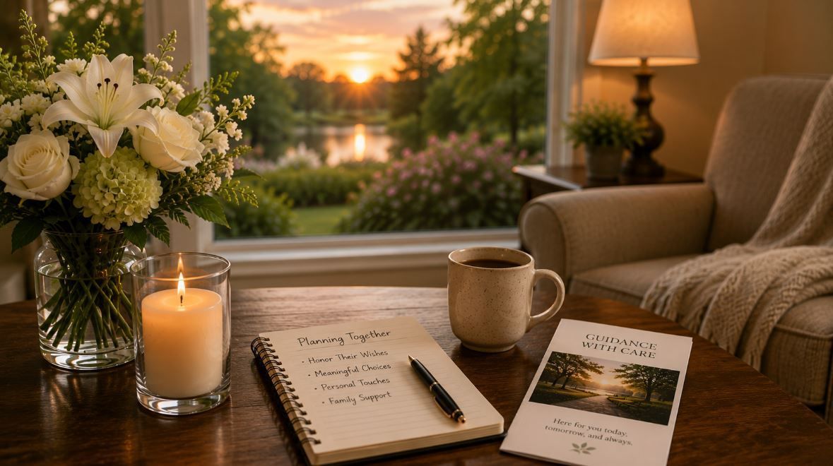White flowers, candle, and planning notes offer gentle funeral care in Bonaire, GA