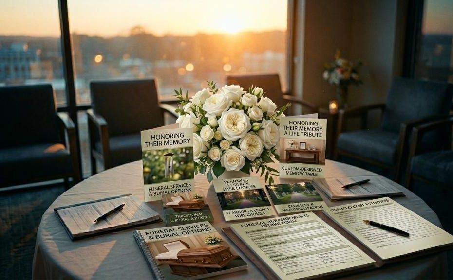 Preplanning guides and forms on a table, protecting family wishes, funeral homes Bonaire, GA