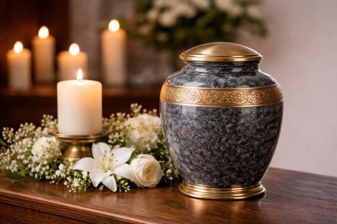 Granite urn with candle and flowers, funeral home and cremations Warner Robins, GA