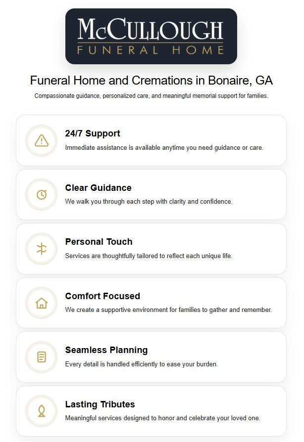 Infographic of services at funeral home and cremations Bonaire, GA, including 24/7 support, clear guidance, personal care, seamless planning, and lasting tributes
