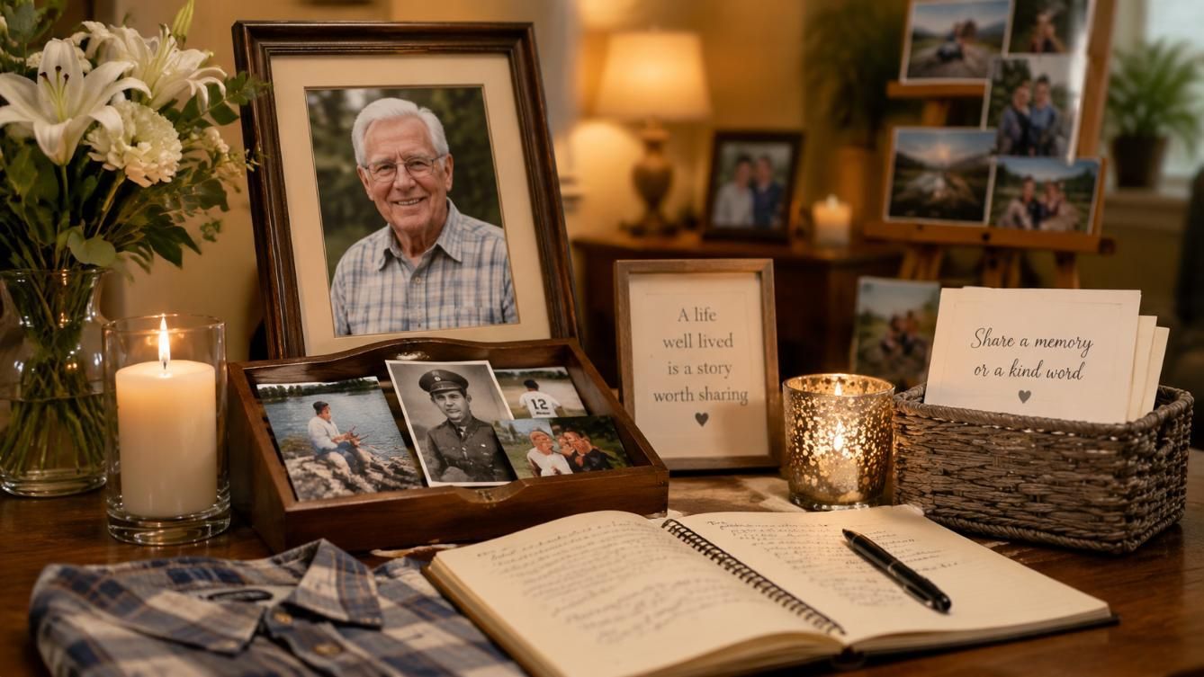 Framed portraits, flowers, and story cards reflect a meaningful life celebration in Warner Robins