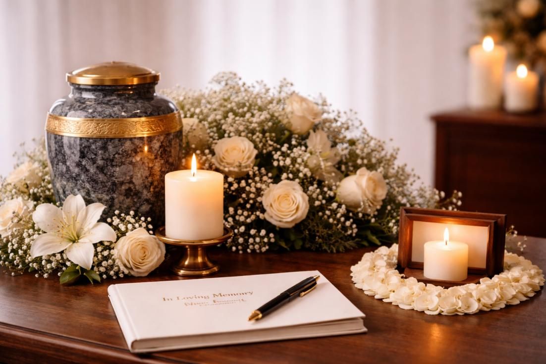 Memorial display with urn, candles, and flowers, funeral home and cremations Bonaire, GA
