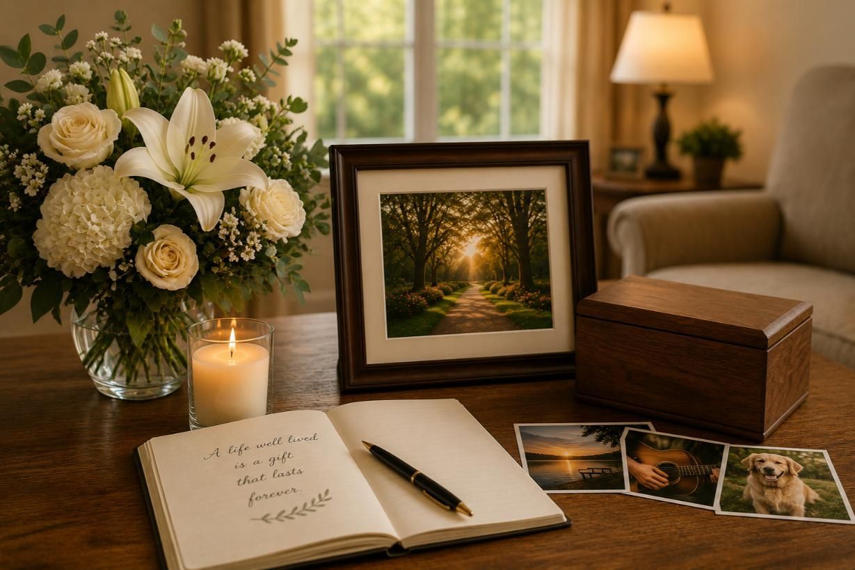 Thoughtful cremation planning scene with flowers and memory box in Kathleen, GA