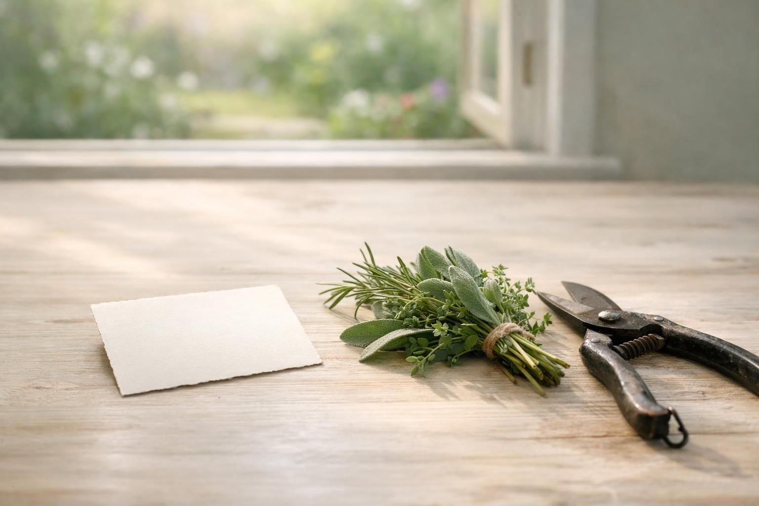 Memory card, herbs and pruning shears on a kitchen table for a personalized farewell in Bonaire, GA