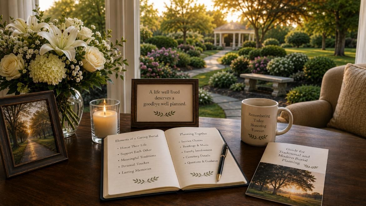 Traditional and modern burial planning materials sit beside flowers at funeral homes Kathleen, GA.