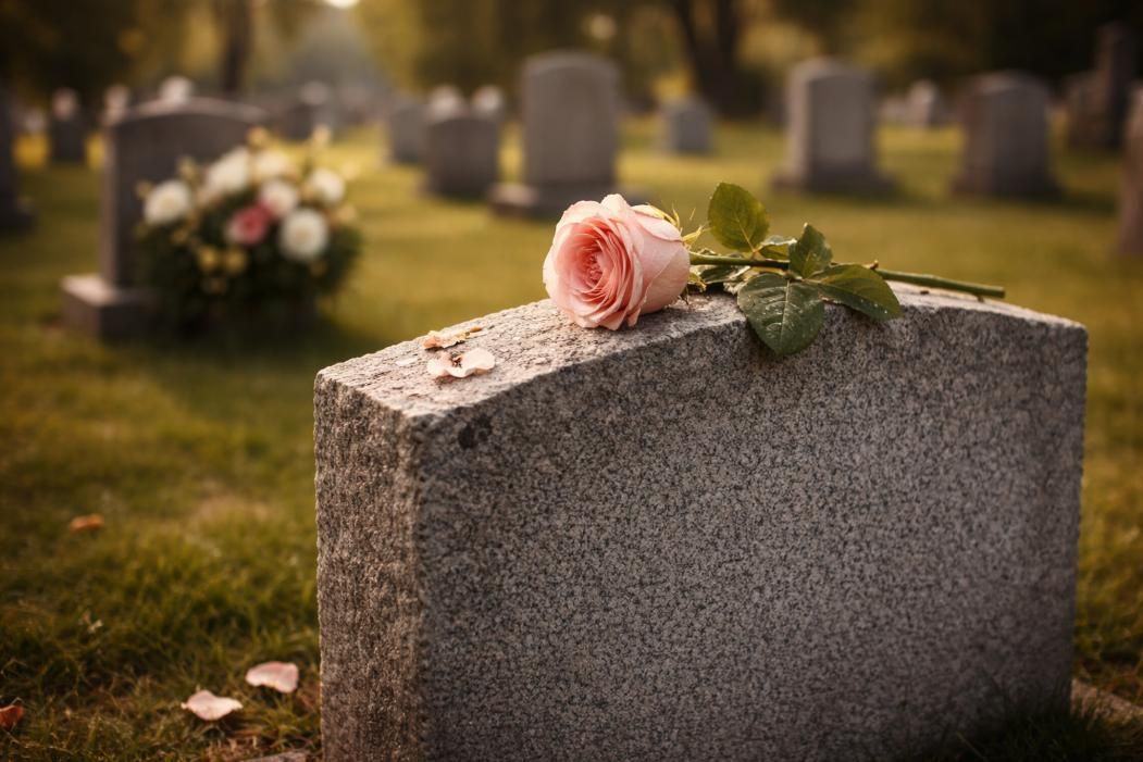 Pink rose on gravestone in cemetery, funeral home and cremations Kathleen, GA