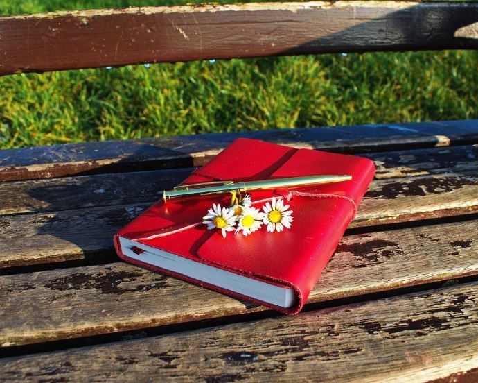 Red journal with pen and daisies on bench for final placement planning, cremation services Warner Ro