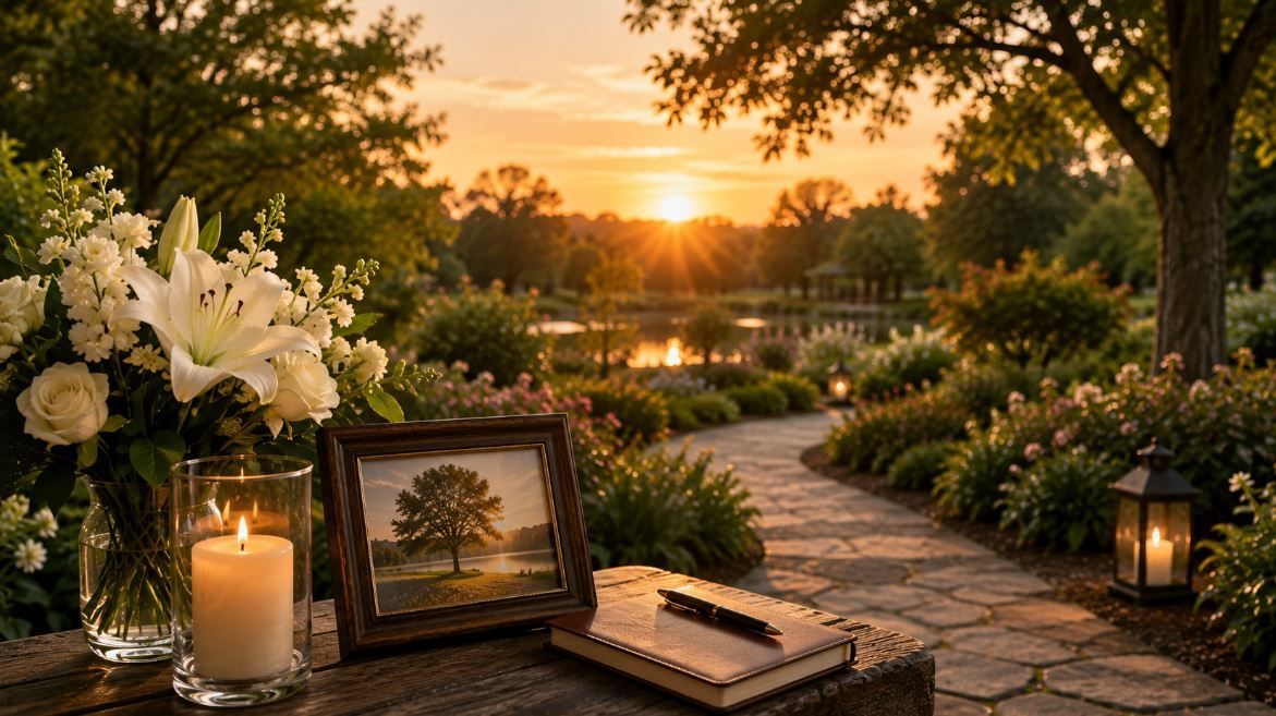 Memorial flowers, candlelight, and a quiet garden reflect family care in Warner Robins, GA