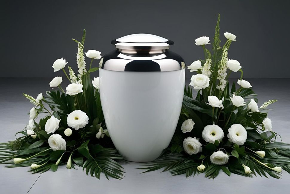 white urn with white flowers, cremation services in Bonaire, GA