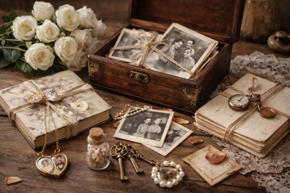 Vintage keepsakes and photos with flowers, funeral home and cremations Kathleen, GA