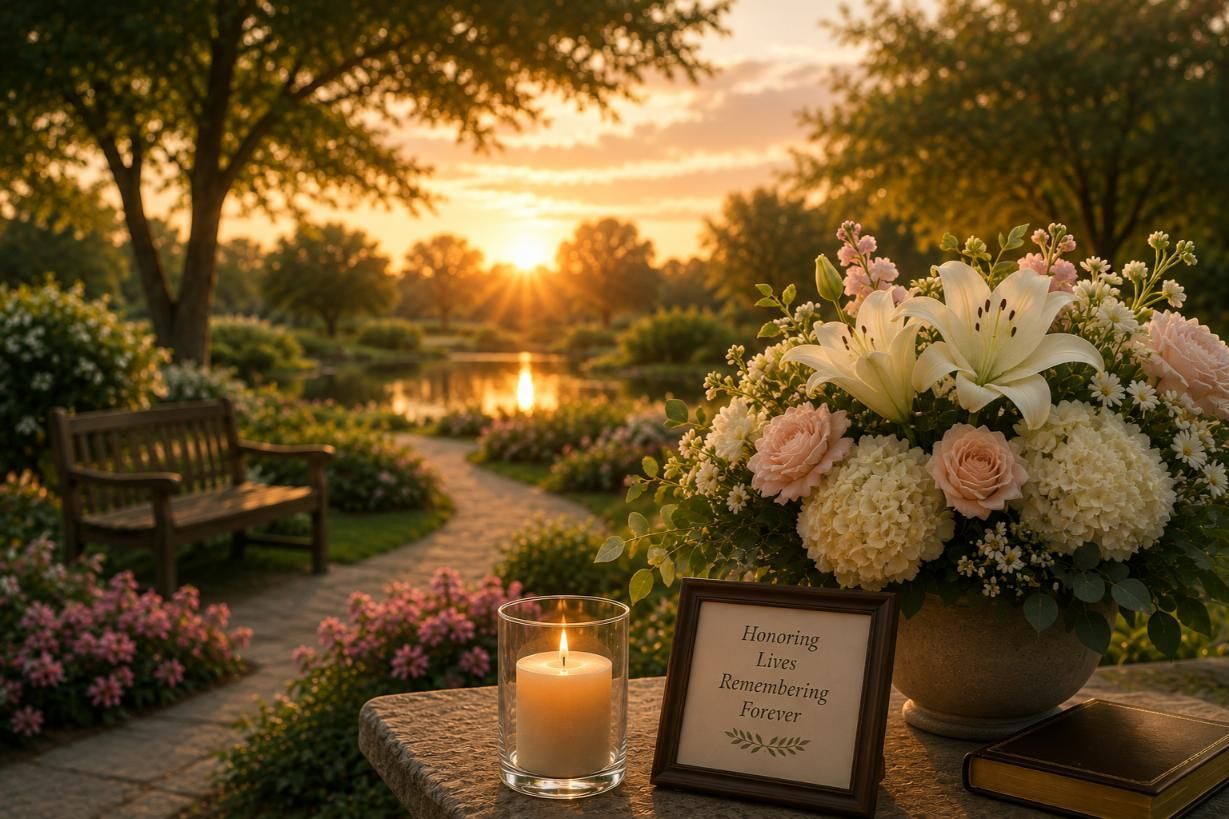 Sunset garden with flowers and candle reflects caring support, funeral homes Bonaire, GA