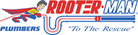 Rooter-Man Plumbing logo with red and blue lettering, plumber mascot, and “To The Rescue” slogan