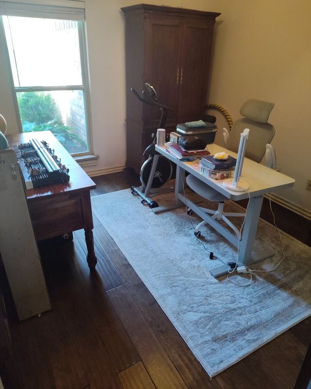Home office with desk, chair, rug, cabinet, and computer by a window