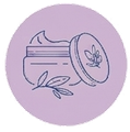 Vasetto viola per crema cosmetica con coperchio aperto e icona a forma di foglia.