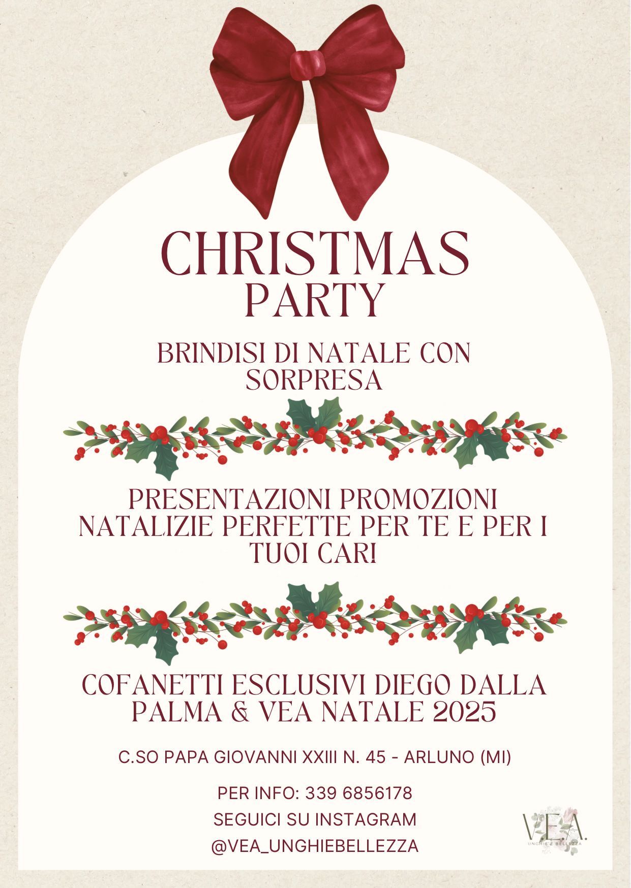 Volantino per la festa di Natale con fiocco rosso e dettagli dell'evento festivo italiano su sfondo crema.