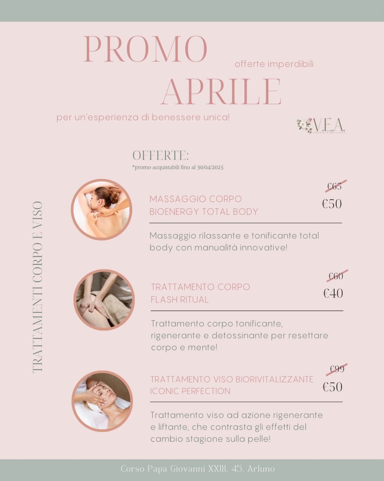 Volantino promozionale rosa per le offerte di bellezza di aprile, con tre foto circolari dei trattamenti spa e i relativi prezzi.