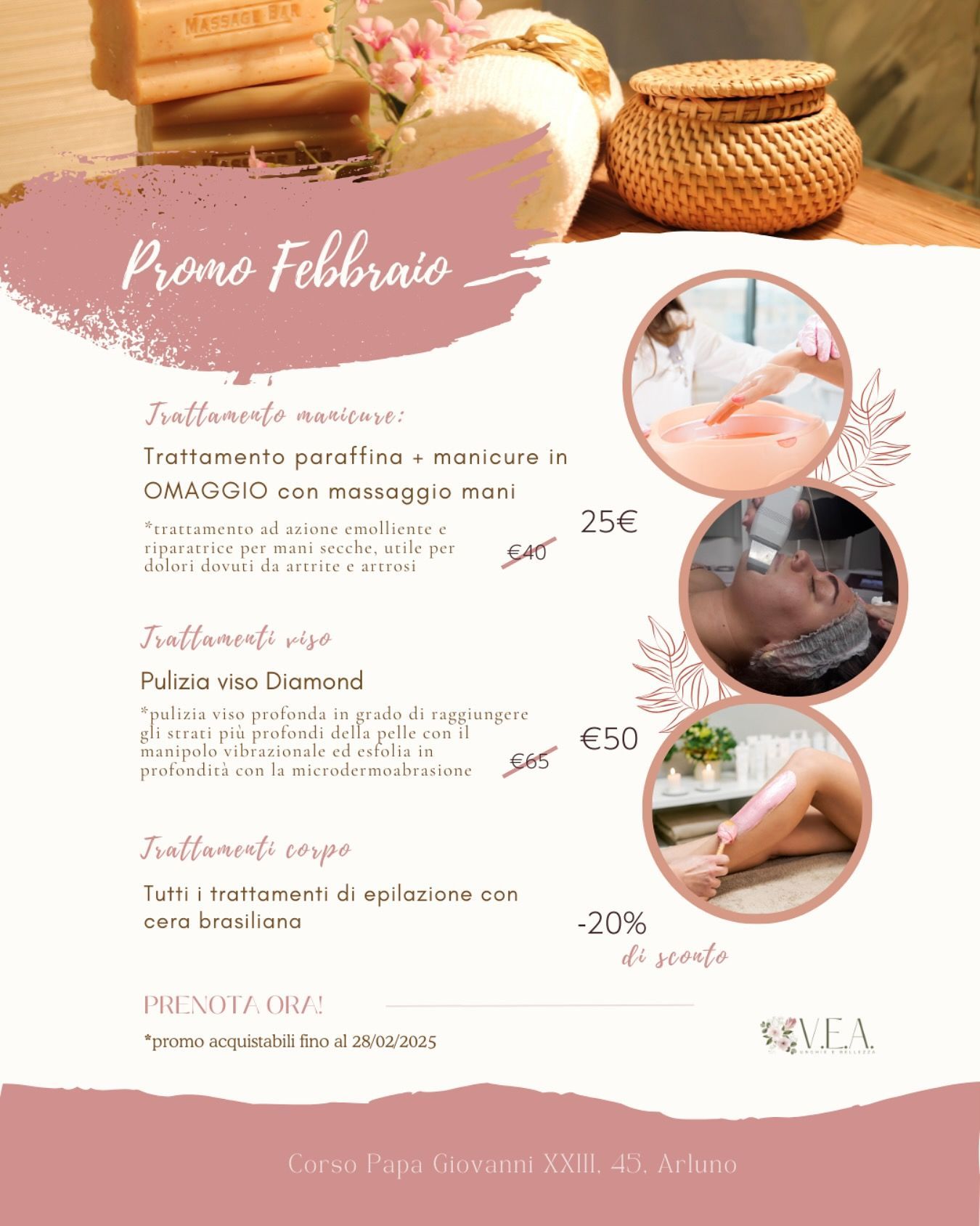 Volantino rosa dei servizi spa con foto di massaggi, candele e trattamenti di epilazione elencati in francese