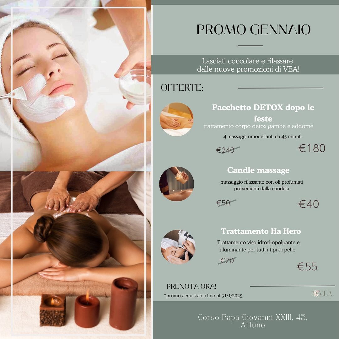 Volantino promozionale per centro benessere con foto dei trattamenti e prezzi su uno sfondo verde tenue.