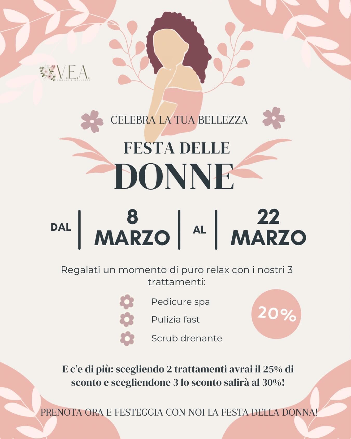 Promo rosa della Festa delle Donne con volto stilizzato, date 8-22 marzo e sconti fino al 20%.