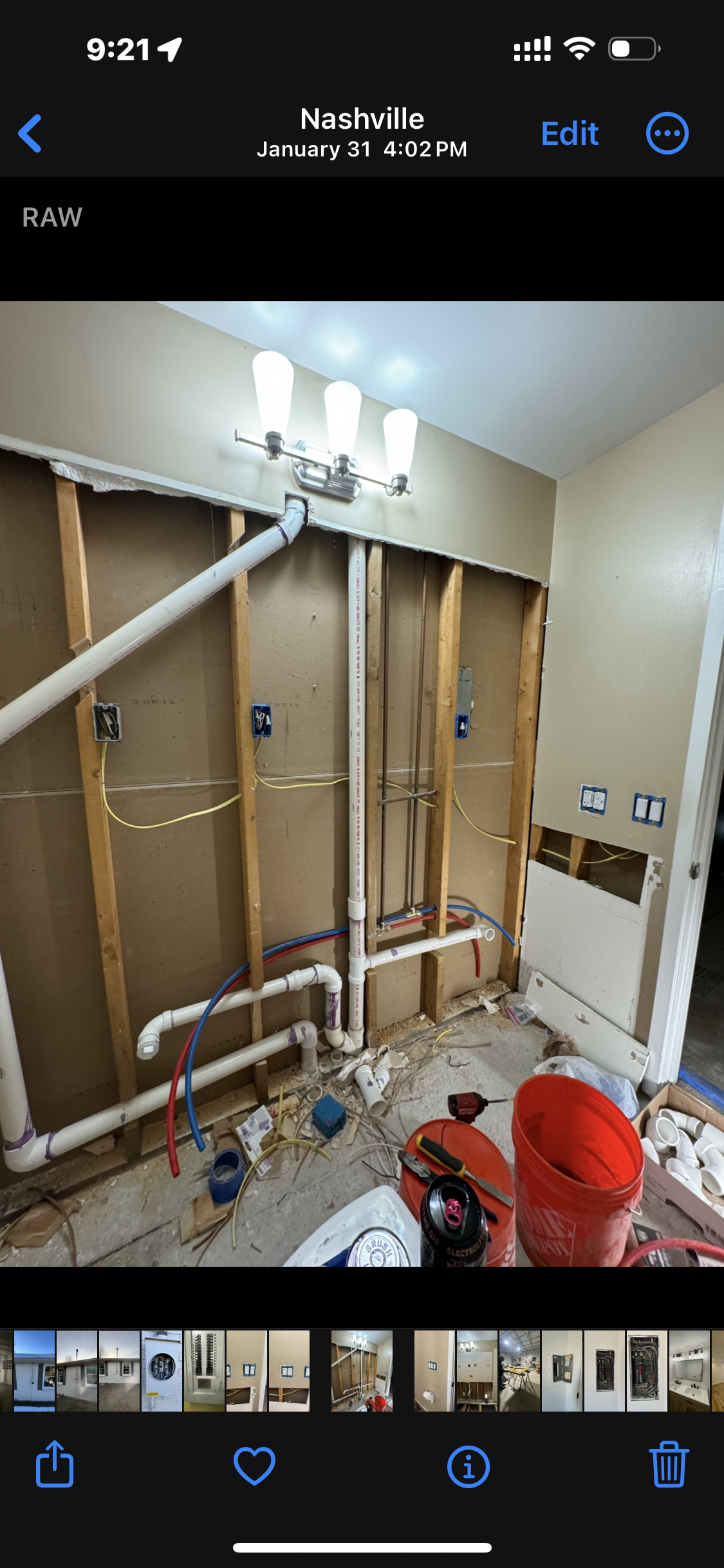Bathroom under renovation, exposed plumbing, and electrical wiring, Nashville, TN.