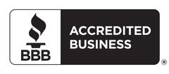 BBB Accredited Business logo, black and white with flame icon and text.