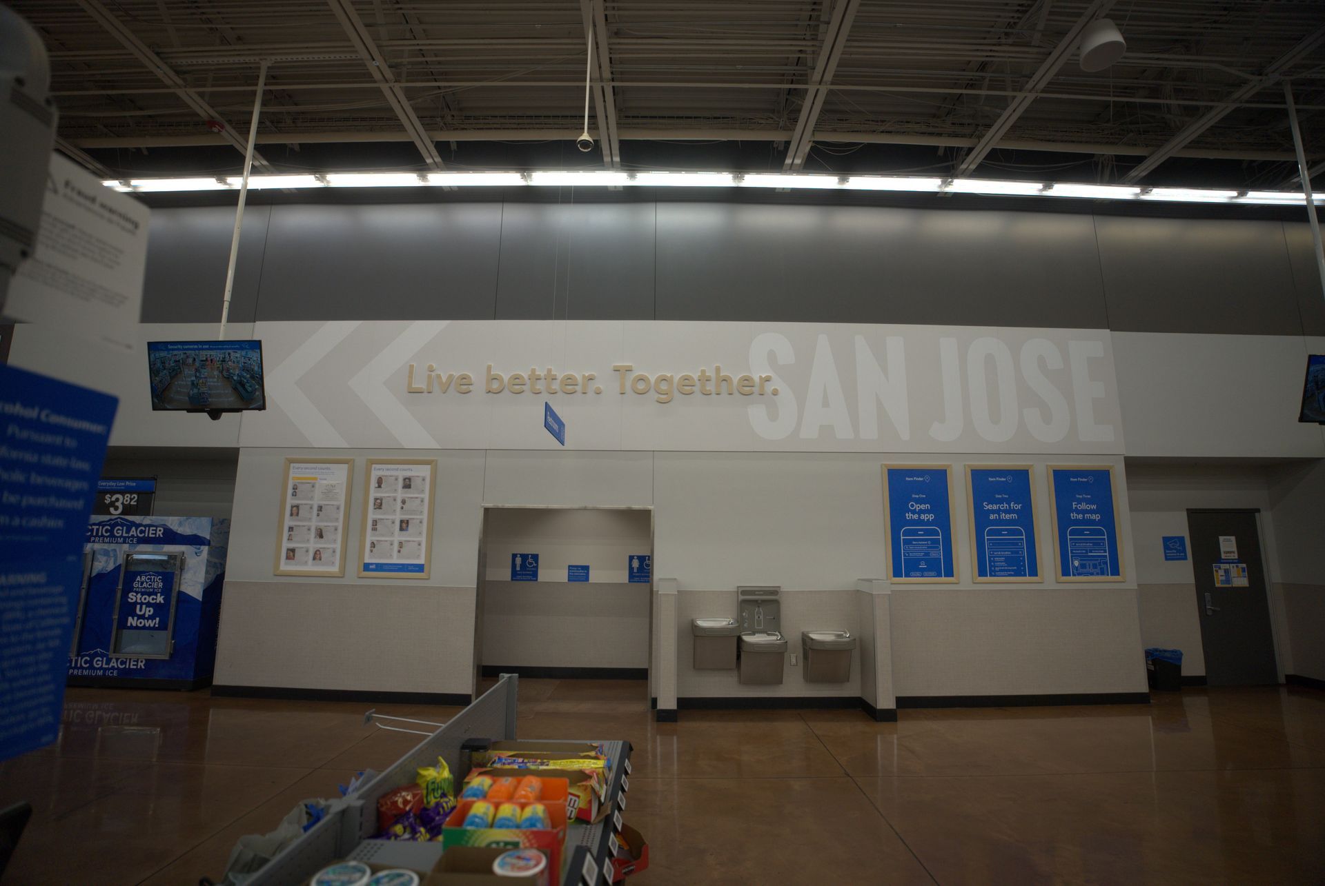 Interior of a Walmart in San Jose. The wall says