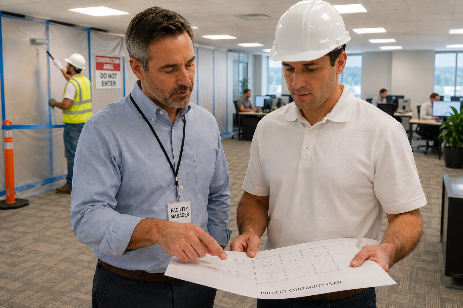 Facility manager reviewing contractor plans to prevent operational downtime during a commercial proj