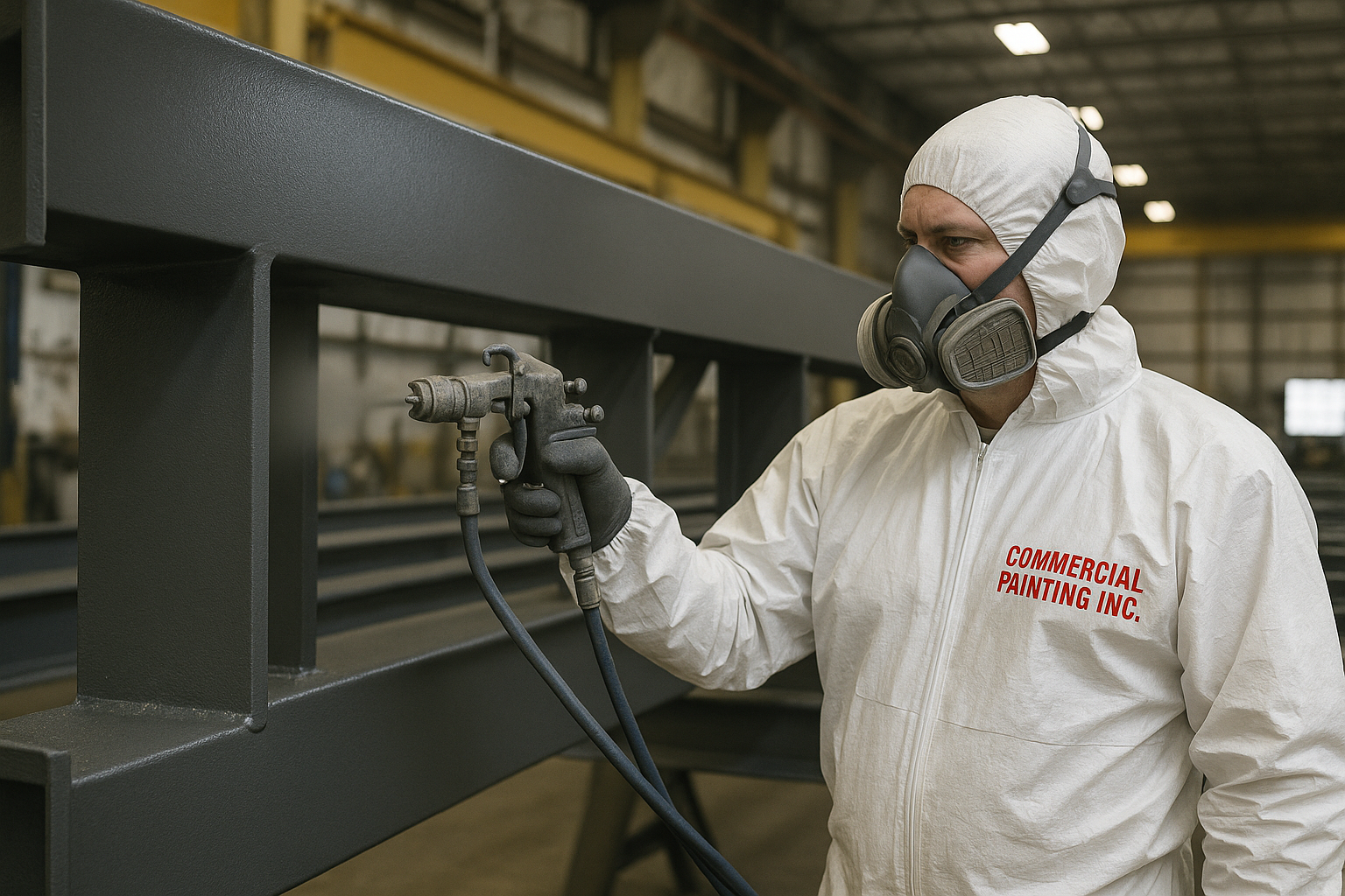 Person in protective suit sprays gray paint on metal beams in a factory.