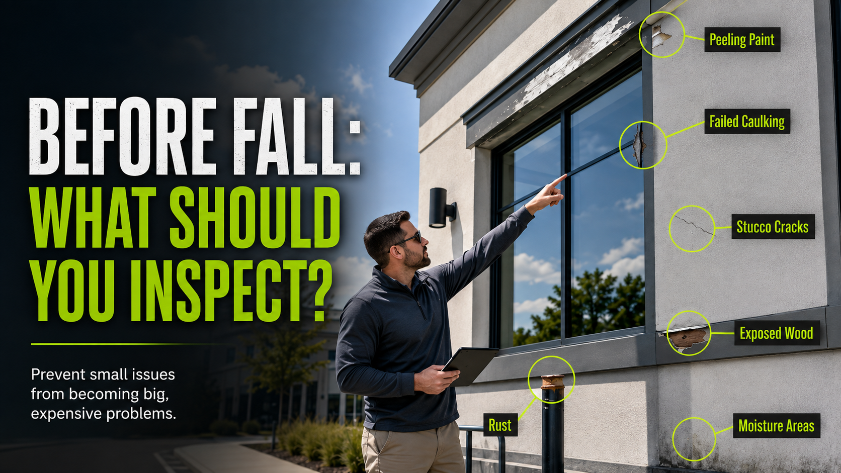 Commercial property manager inspecting exterior paint condition before fall maintenance